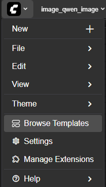 A dark-themed dropdown menu from a software interface is shown, featuring a header labeled "image_qwen_image." The menu lists standard options such as New, File, Edit, View, and Theme, followed by specific actions like Browse Templates, Settings, Manage Extensions, and Help.