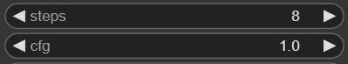 The image shows a close-up of a dark user interface panel containing two adjustable setting fields. The top field is labeled "steps" and displays a value of 8, flanked by left and right directional arrows. Below that, a second field labeled "cfg" shows a value of 1.0, also with adjustment arrows on either side.