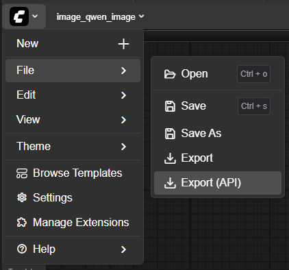 This image displays a dark-themed user interface menu, likely from ComfyUI, with the "File" category expanded. A submenu lists options including Open, Save, and Save As, while the "Export (API)" option is currently highlighted at the bottom. This visual illustrates how to locate the API export function within the software's file management system.