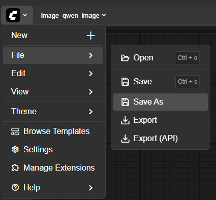 A screenshot of a dark-themed software interface menu with the "File" option selected, revealing a nested sub-menu. The sub-menu lists file management commands, with the "Save As" option highlighted among choices like Open, Save, and Export.