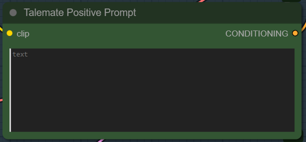 This image displays a dark green interface node labeled "Talemate Positive Prompt," typical of a node-based editor like ComfyUI. It features a yellow input connection point for "clip" on the left, an orange output point for "CONDITIONING" on the right, and a large, dark text entry field in the center containing the placeholder word "text".