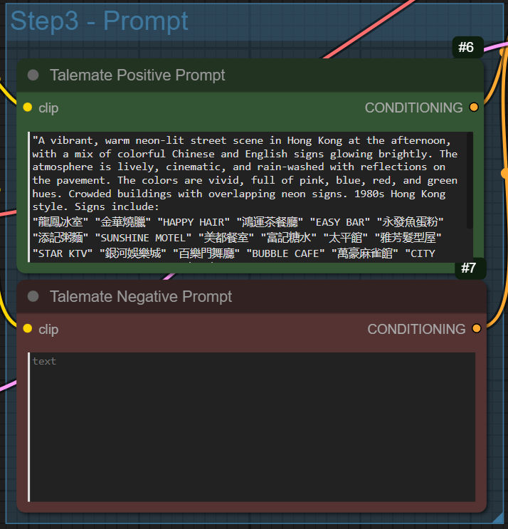 A screenshot of a node-based interface labeled "Step 3 - Prompt," featuring a green "Talemate Positive Prompt" node containing a detailed text description of a vibrant, neon-lit Hong Kong street scene. The text specifies a 1980s cinematic atmosphere and lists numerous specific shop signs in both Chinese and English. Below it, a dark red "Talemate Negative Prompt" node is visible but currently contains no text.