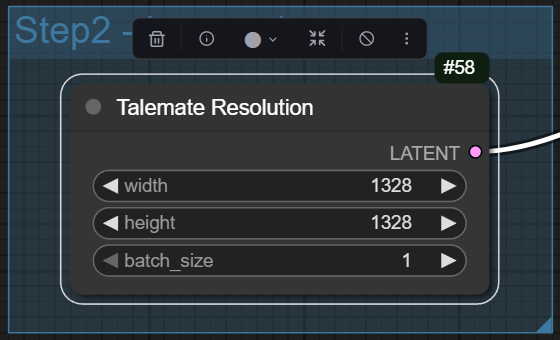 A screenshot of a dark gray interface node labeled "Talemate Resolution" with the identifier #58. It features configurable fields for width and height, both set to 1328, and a batch size of 1. The node has a single output connection point labeled "LATENT".