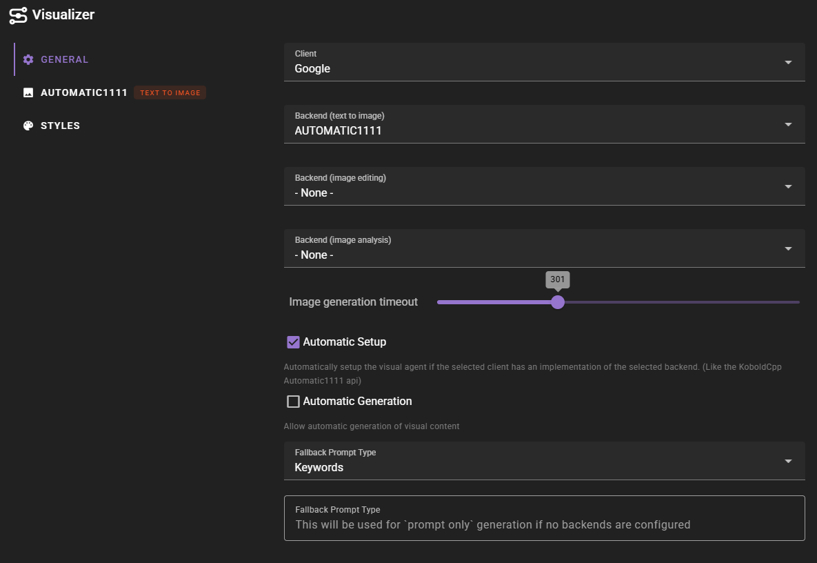 This screenshot displays the dark-themed "General" settings interface for an application named "Visualizer," featuring a sidebar menu on the left and configuration options on the right. Key settings include dropdowns where the Client is set to "Google" and the text-to-image backend is set to "AUTOMATIC1111," alongside an image generation timeout slider positioned at 301. Additional controls show a checked box for "Automatic Setup," an unchecked box for "Automatic Generation," and a "Fallback Prompt Type" set to "Keywords."