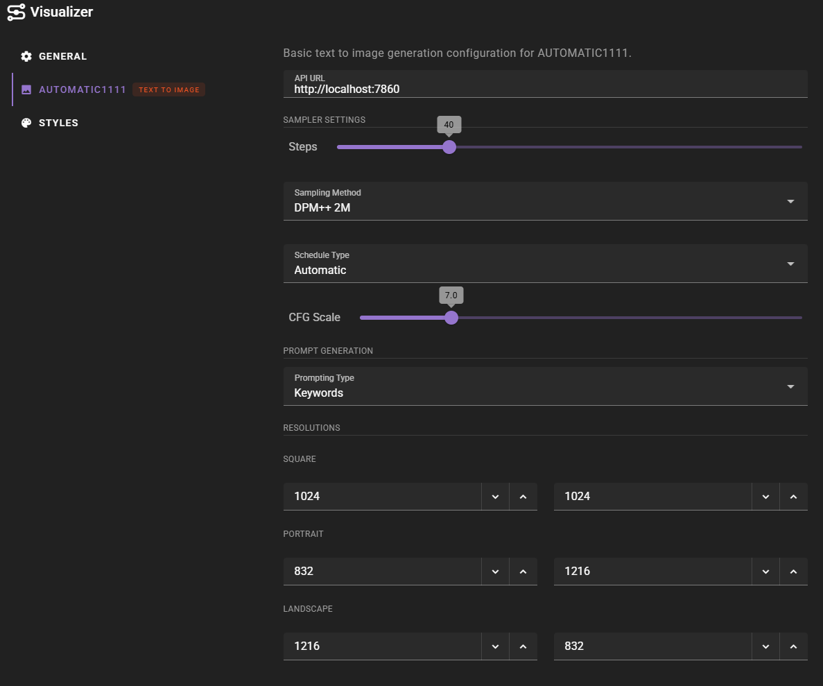 A screenshot of the Visualizer interface displaying configuration settings for Automatic1111 text-to-image generation. The panel features adjustable parameters such as the API URL, sampler steps, CFG scale, and sampling method. Additionally, it includes sections for selecting prompting types and setting default resolutions for square, portrait, and landscape image orientations.