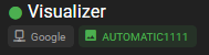 A dark mode interface element titled "Visualizer" accompanied by a green status dot. Below the title are two badges: a gray button labeled "Google" with a computer icon and a green button labeled "AUTOMATIC1111" with an image icon.