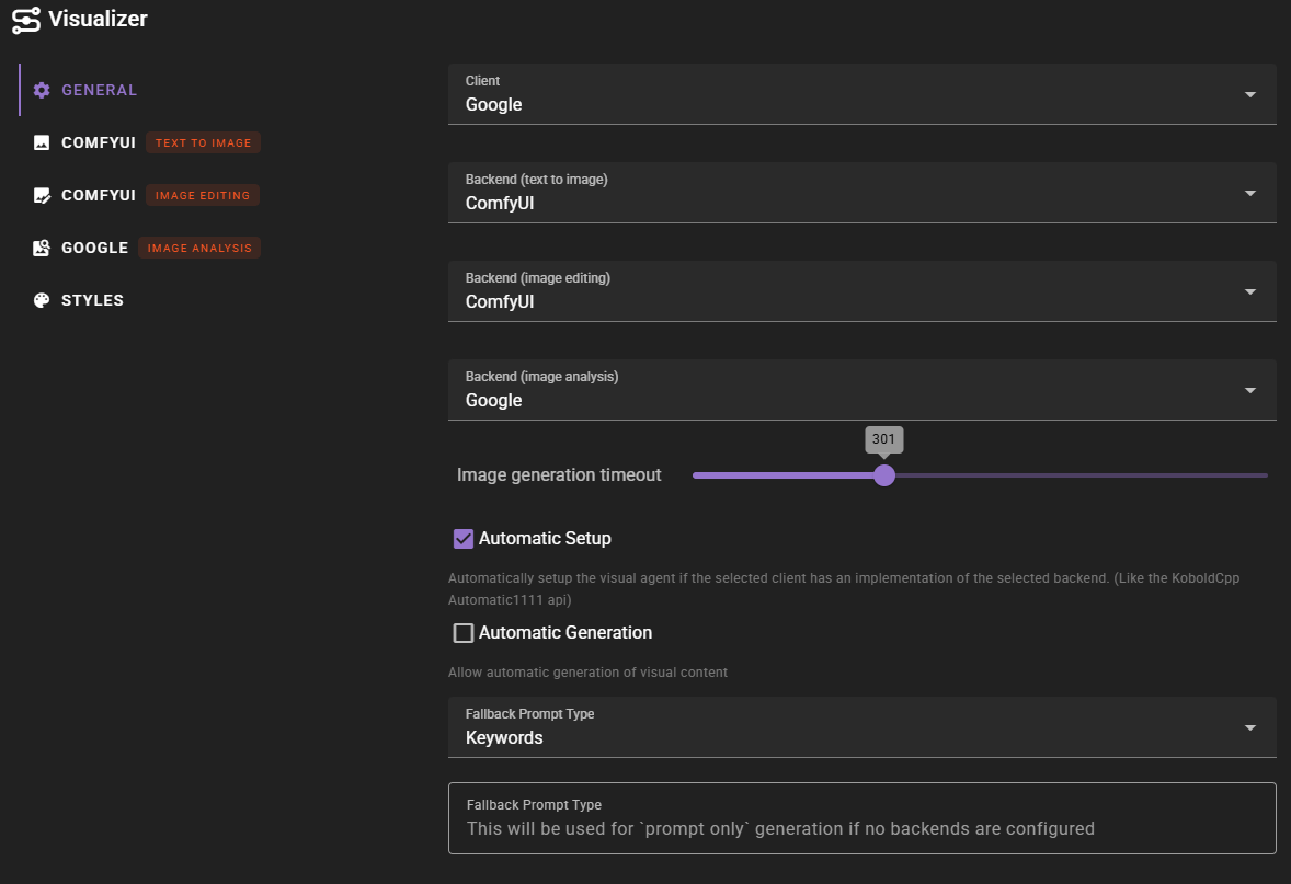 The image displays the General settings tab of the Visualizer interface, featuring a sidebar with active indicators for ComfyUI and Google modules. Dropdown menus in the main panel show ComfyUI selected for text-to-image and image editing backends, with Google selected for image analysis. The interface also includes an image generation timeout slider set to 301 and an enabled Automatic Setup checkbox.