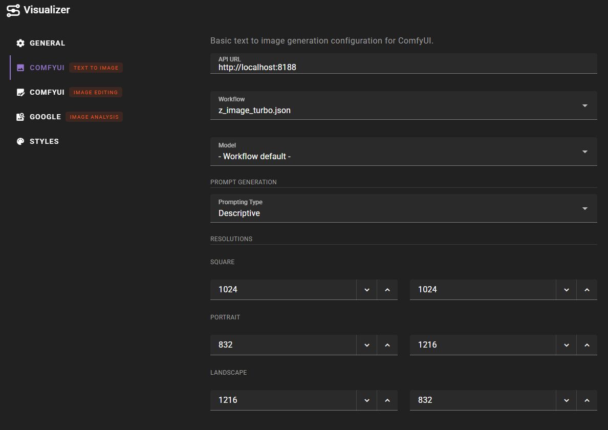 A screenshot of the "Visualizer" application's dark-mode settings panel specifically for ComfyUI text-to-image generation. The interface features configuration fields for the API URL, a workflow dropdown set to "z_image_turbo.json," model selection, and a "Descriptive" prompting type. The lower section includes adjustable numeric inputs for defining pixel dimensions for Square, Portrait, and Landscape image resolutions.