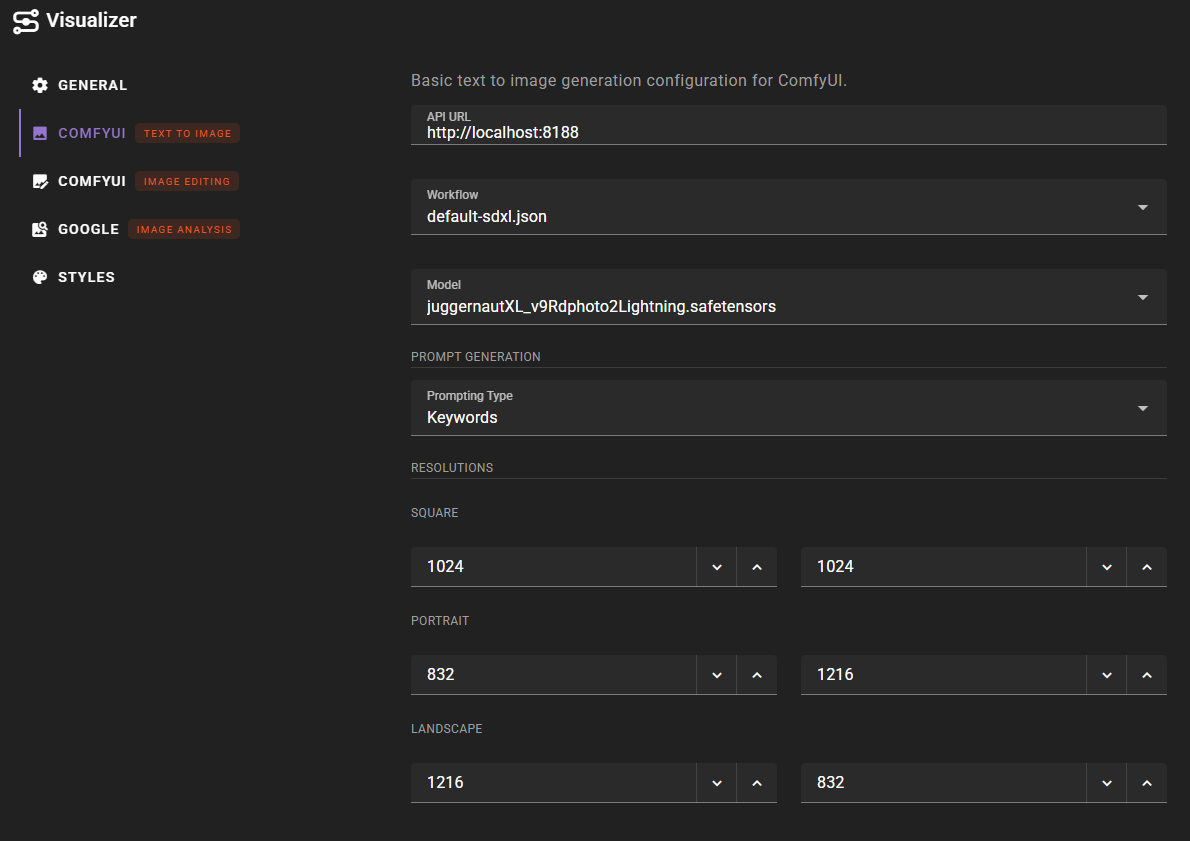 This screenshot displays the dark-themed settings interface of an application named "Visualizer," specifically configured for ComfyUI text-to-image generation. The main panel features input fields for the API URL, workflow selection (set to default-sdxl), and model choice (juggernautXL), along with a prompting type setting. Below these options is a "Resolutions" section allowing users to define specific pixel dimensions for Square, Portrait, and Landscape image outputs.