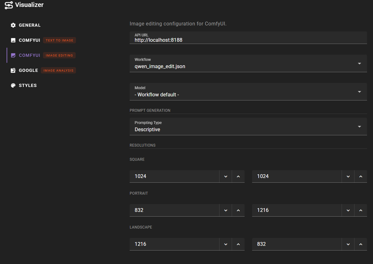 A screenshot of the "Visualizer" application settings interface, specifically showing the configuration panel for "ComfyUI Image Editing." The main view displays input fields for the API URL, a selected workflow file named "qwen_image_edit.json," descriptive prompting settings, and resolution presets for square, portrait, and landscape aspect ratios.