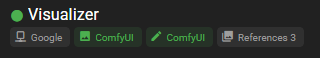 This screenshot shows a browser tab group labeled "Visualizer" marked with a green status dot on a dark background. The group contains four tabs: a Google link, two green-tinted ComfyUI tabs with image and pencil icons, and a gray tab titled "References 3".