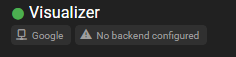 This image displays a dark user interface header labeled "Visualizer," accented with a chromatic aberration effect and a green status dot. Below the title, there are two badges: one labeled "Google" with a monitor icon, and a warning badge featuring a triangle alert symbol that reads "No backend configured."