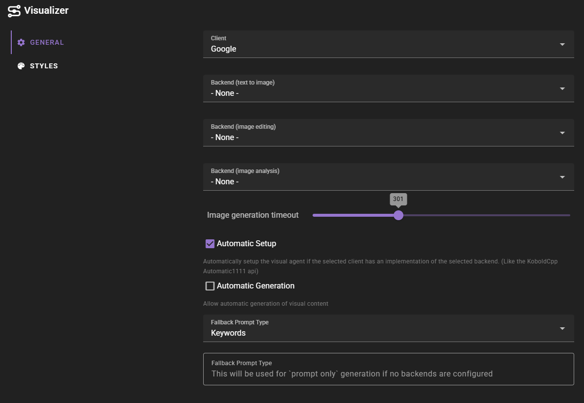 A dark-mode settings interface for a 'Visualizer' tool displaying the 'General' configuration tab. It features dropdown menus showing 'Google' selected as the client with no backends currently configured, alongside a slider for image generation timeout and checkboxes for automatic setup options.