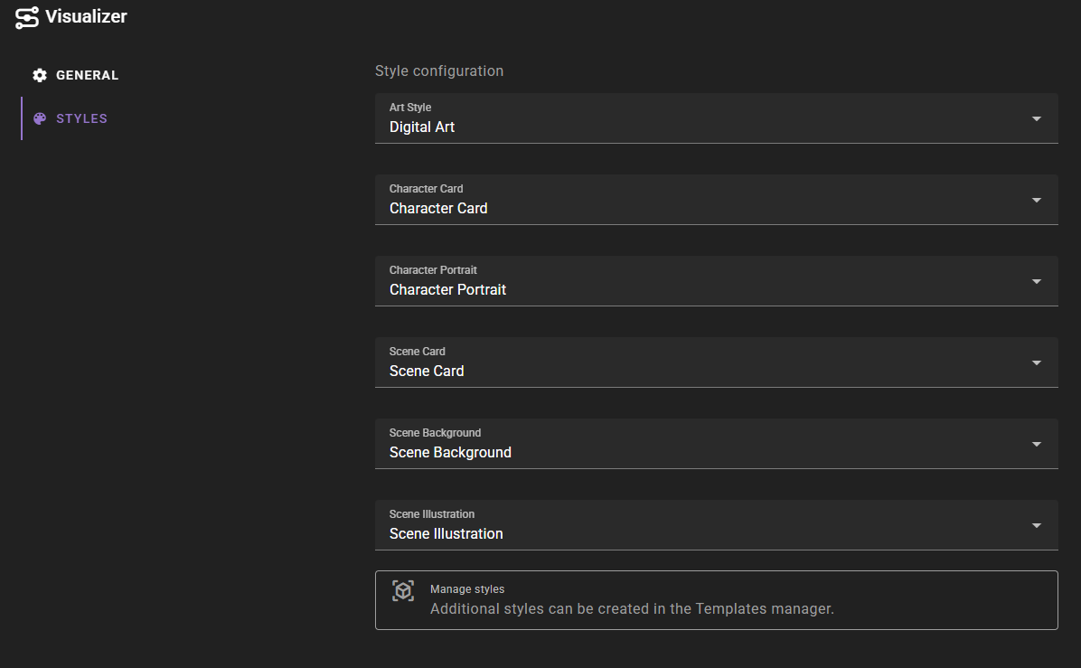 This image shows the "Styles" configuration tab within the dark-mode "Visualizer" interface, listing various dropdown menus for customizing generation settings. Options include "Art Style," set to "Digital Art," alongside selectors for character cards, portraits, and scene elements. A "Manage styles" box at the bottom indicates that additional styles can be created in the Templates manager.
