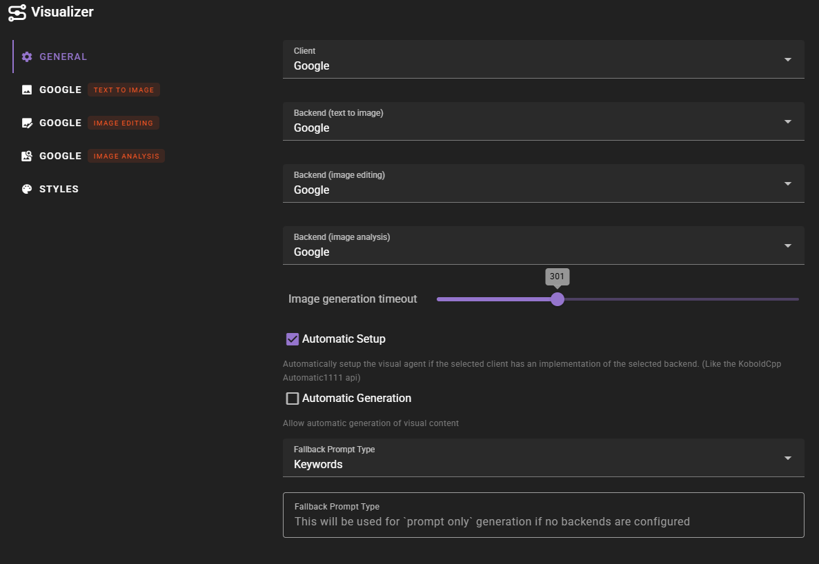 A screenshot of the "Visualizer" application settings interface with the "General" tab selected. It shows configuration dropdowns for Client and various Backends (text to image, image editing, image analysis) all set to "Google," alongside an image generation timeout slider positioned at 301. Additional settings include a checked "Automatic Setup" box, an unchecked "Automatic Generation" box, and a "Fallback Prompt Type" menu set to "Keywords."