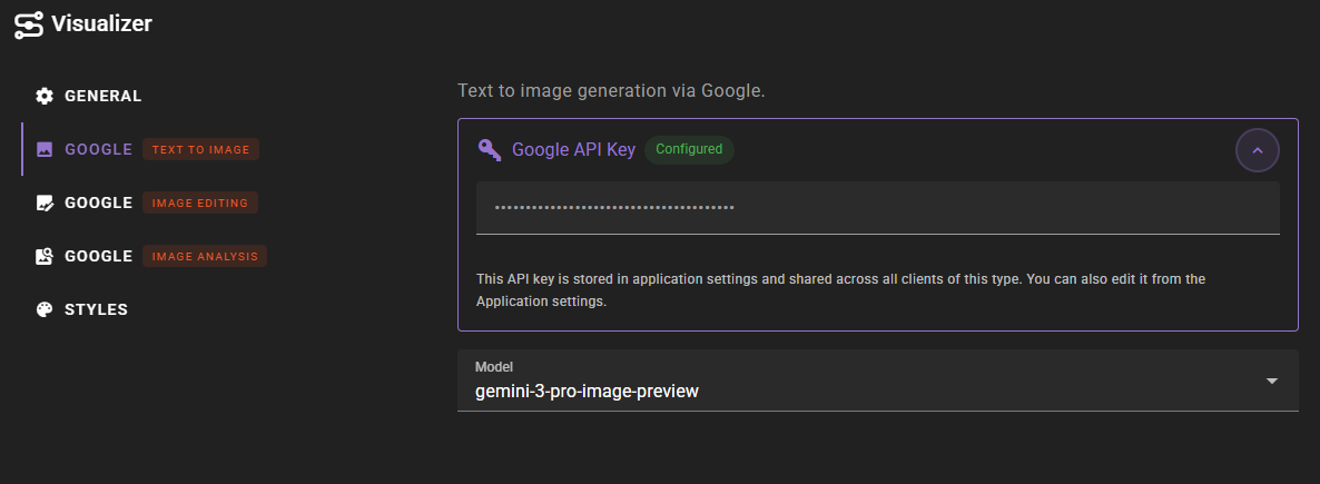 A dark-themed settings interface for a "Visualizer" application, specifically showing the "Google Text to Image" configuration panel. The main view displays a masked input field for a configured Google API Key and a dropdown menu selecting the "gemini-3-pro-image-preview" model.