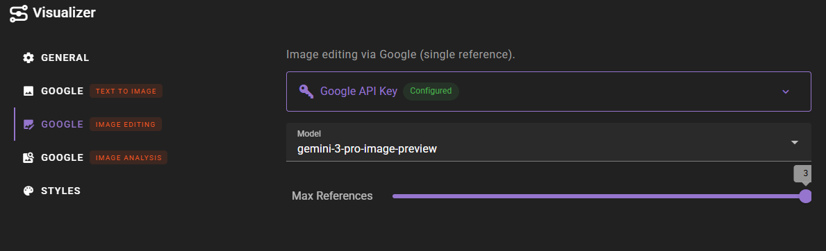 A dark-themed configuration interface for the "Visualizer" application displaying settings for the "Google Image Editing" tab. The panel features a configured Google API key section and a dropdown menu selecting the "gemini-3-pro-image-preview" model. A slider control at the bottom sets the "Max References" value to 3.