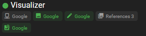 A dark-themed user interface panel titled "Visualizer" marked with a green status indicator. Below the title are several clickable buttons, including a "References 3" button and four "Google" buttons distinguished by icons representing screen, image, edit, and search functions.