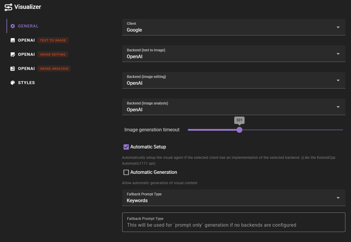 The image displays the "General" settings tab of the "Visualizer" interface, featuring a dark-themed layout with a sidebar menu on the left. The main panel includes dropdown menus where "Google" is selected as the client and "OpenAI" is chosen for text-to-image, image editing, and image analysis backends. Additional controls show an image generation timeout slider set to 301, checkboxes for automatic setup and generation, and a selector for the fallback prompt type.