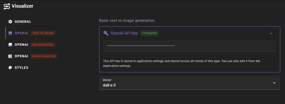 A screenshot of the "Visualizer" application settings interface with the "OpenAI Text to Image" tab selected on the left sidebar. The main panel displays a masked input field for a configured OpenAI API key and a dropdown menu set to the "dall-e-3" model.