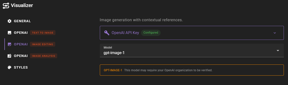 This screenshot displays the settings interface for an application called "Visualizer," specifically showing the "OpenAI Image Editing" configuration panel. The right side features a dropdown menu for selecting the model "gpt-image-1" beneath a configured API key section. An orange notification box at the bottom alerts the user that this specific model may require OpenAI organization verification.