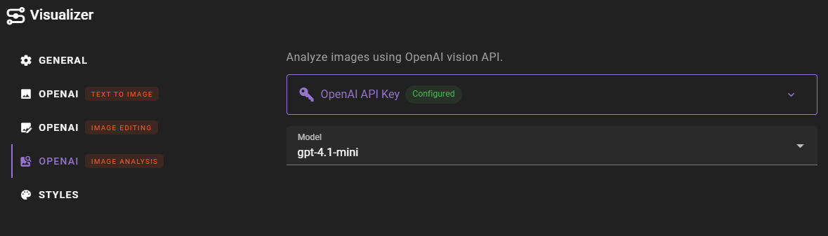 This image shows the settings interface for an application named Visualizer, with the "OpenAI Image Analysis" tab selected on the left sidebar. The main panel allows users to configure the OpenAI vision API, displaying a confirmed API key status. A dropdown menu below specifically indicates that the "gpt-4.1-mini" model is selected.