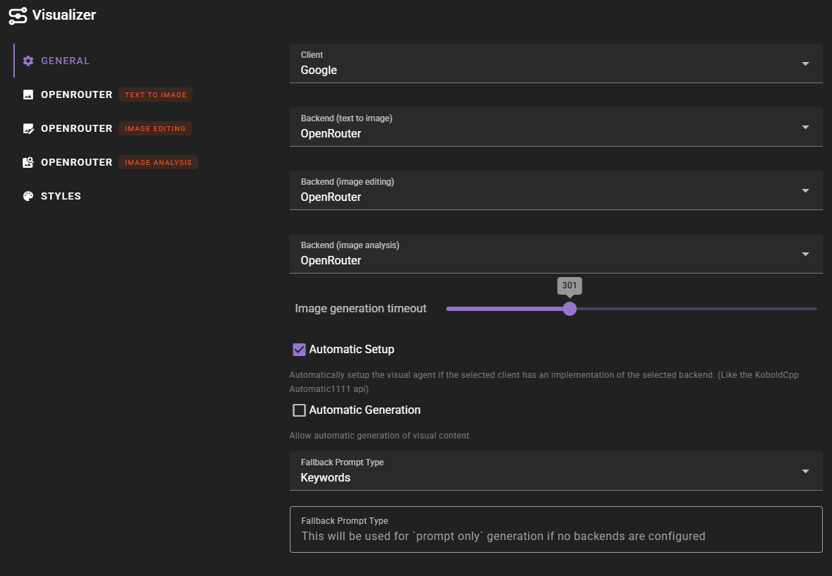 A dark-themed settings interface for the "Visualizer" application, displaying a sidebar with General, OpenRouter, and Styles navigation options. The main panel allows configuration of backend services, showing "OpenRouter" selected for text-to-image, image editing, and image analysis, with "Google" set as the client. Additional controls include a slider for image generation timeout set to 301 and checkboxes for automatic setup and generation.