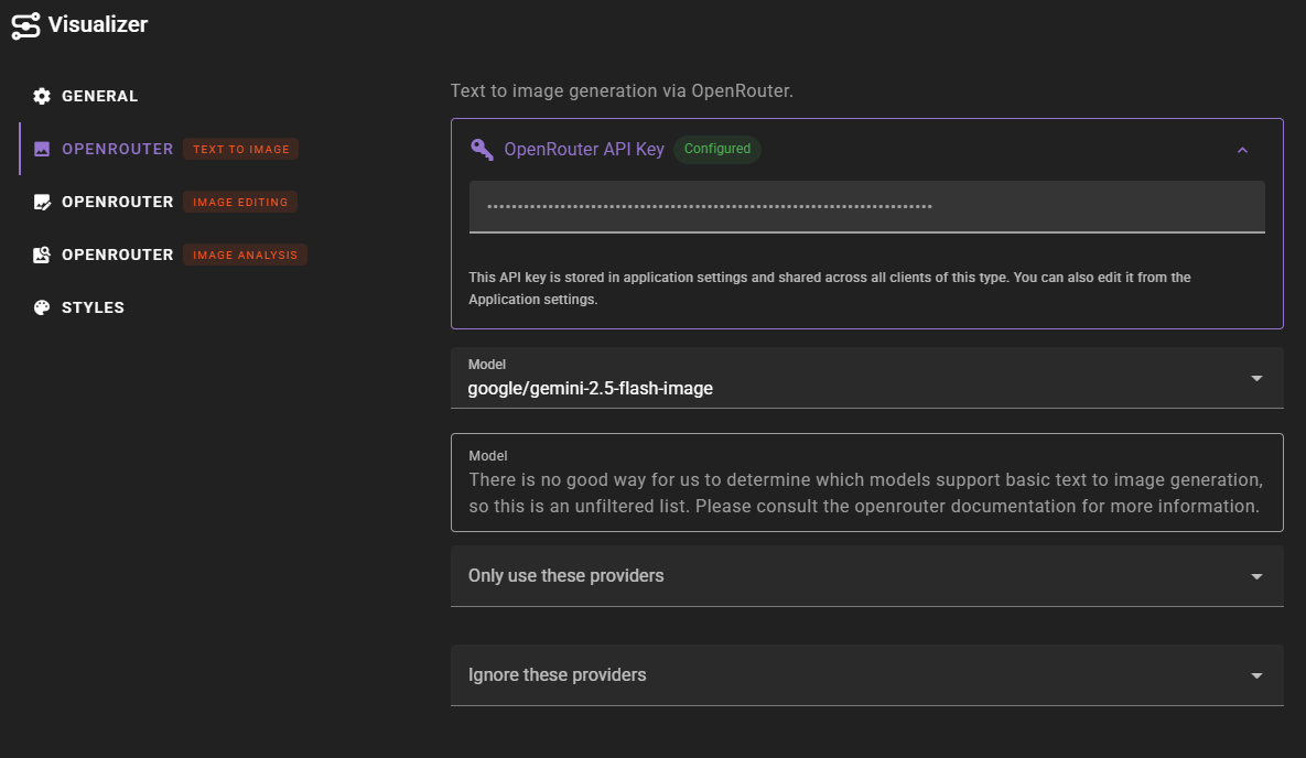 This screenshot depicts the "Visualizer" settings interface, specifically the "OpenRouter Text to Image" configuration tab. The panel displays an active API Key section, a model selection dropdown currently set to "google/gemini-2.5-flash-image", and additional options to filter specific service providers.