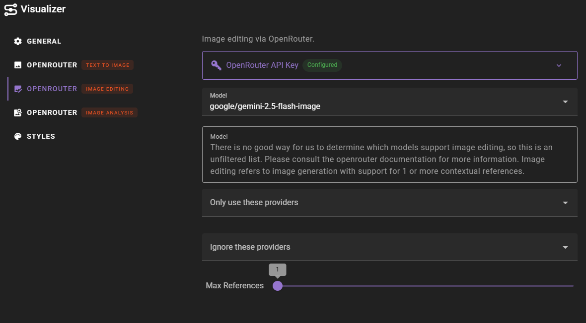 This screenshot displays the settings interface for an application named Visualizer, specifically focusing on the "OpenRouter - Image Editing" configuration tab. The main panel features input fields for an OpenRouter API key, a model selection dropdown set to "google/gemini-2.5-flash-image," and provider filtering options. Additionally, a slider at the bottom allows users to adjust the "Max References," which is currently set to 1.