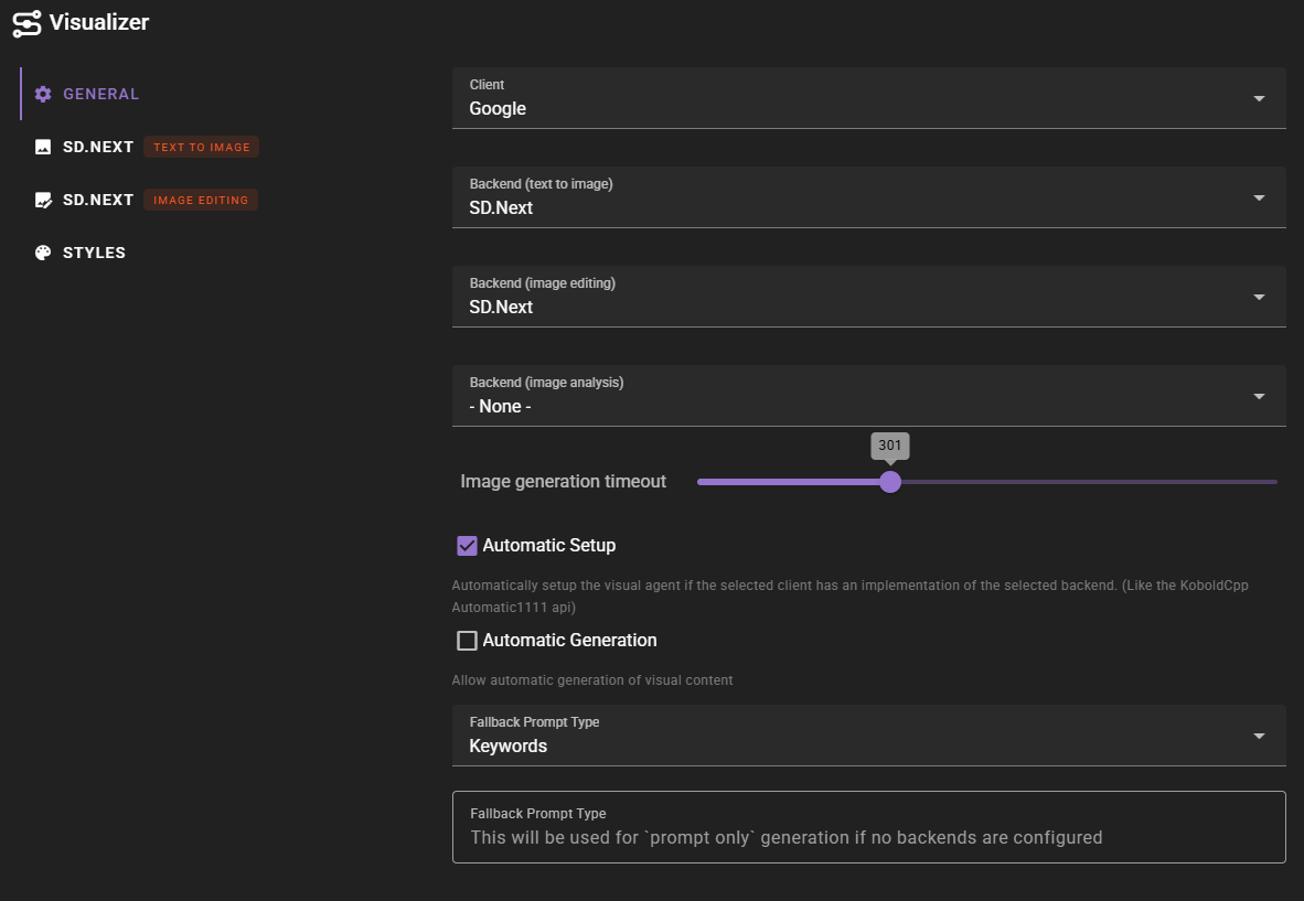 This screenshot displays the "General" settings menu of the "Visualizer" interface, featuring a dark theme with purple accents. Configuration options show "Google" selected as the client, with "SD.Next" set as the backend for both text-to-image and image editing tasks. The panel also includes an image generation timeout slider set to 301, a checked "Automatic Setup" box, and a "Fallback Prompt Type" dropdown set to Keywords.