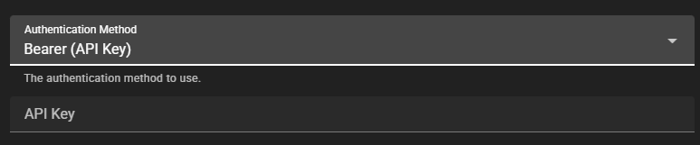 This image displays a dark-themed user interface configuration panel for setting up authentication parameters. It features a dropdown menu where "Bearer (API Key)" is selected as the Authentication Method, positioned above a text input field labeled "API Key".