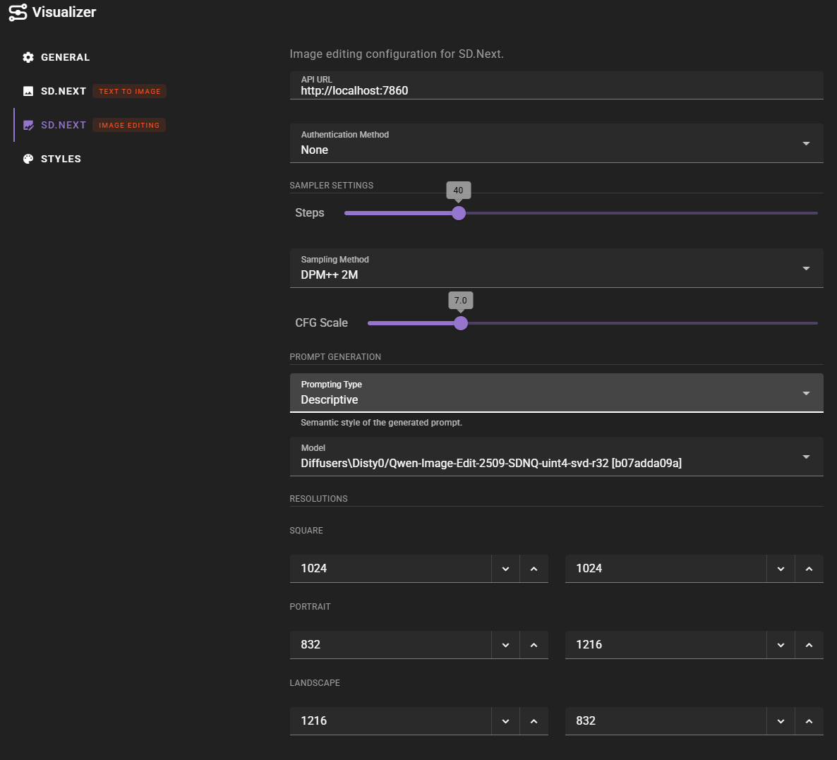 User interface for the "Visualizer" software displaying the "Image editing configuration for SD.Next" panel with a dark theme. It features adjustable sliders for Steps (set to 40) and CFG Scale (set to 7.0), alongside dropdown menus for the Sampling Method and Model selection. The bottom section includes input fields for defining specific pixel dimensions for square, portrait, and landscape image resolutions.