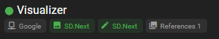 A dark mode user interface section titled "Visualizer," indicated by a green status dot. Below the header is a row of four buttons: "Google," two distinct "SD.Next" buttons with image and pencil icons respectively, and a "References 1" button.
