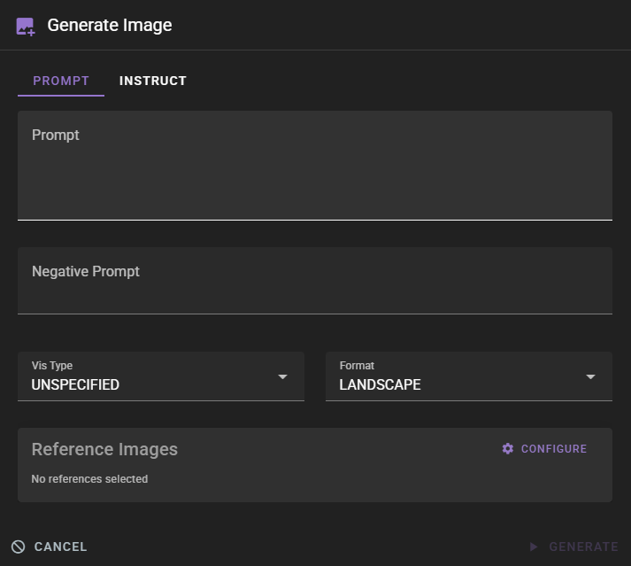 A dark-mode "Generate Image" interface featuring input fields for a main "Prompt" and a "Negative Prompt" under an active "Prompt" tab. It includes dropdown menus for "Vis Type" (set to Unspecified) and "Format" (set to Landscape), along with a "Reference Images" configuration section. "Cancel" and "Generate" buttons are located at the bottom of the form.