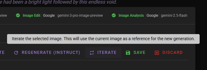 A tooltip appearing over the "Iterate" button explains its function with the text: "Iterate the selected image. This will use the current image as a reference for the new generation." Surrounding controls in the dark-mode toolbar include options to "Regenerate (Instruct)," "Save," and "Discard."