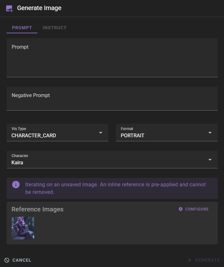 A dark-mode "Generate Image" interface configured with "Vis Type" as "CHARACTER_CARD" and "Format" as "PORTRAIT" for the character "Kaira." A purple notification states, "Iterating on an unsaved image. An inline reference is pre-applied and cannot be removed," appearing above a thumbnail of the character in the "Reference Images" section. The main prompt fields are currently empty.