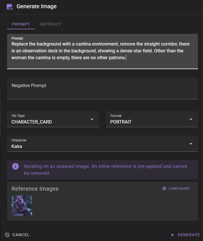 A dark-mode "Generate Image" interface displays an expanded text prompt: "Replace the background with a cantina environment, remove the straight corridor, there is an observation deck in the background, showing a dense star field. Other than the woman the cantina is empty, there are no other patrons." The settings remain configured for a "CHARACTER_CARD" of "Kaira" in "PORTRAIT" format, accompanied by a purple notification stating "Iterating on an unsaved image" above a locked reference thumbnail.