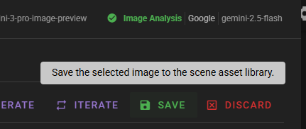 A tooltip appearing over the "Save" button displays the message: "Save the selected image to the scene asset library." The button is part of a dark-mode toolbar alongside "Iterate" and "Discard" options.