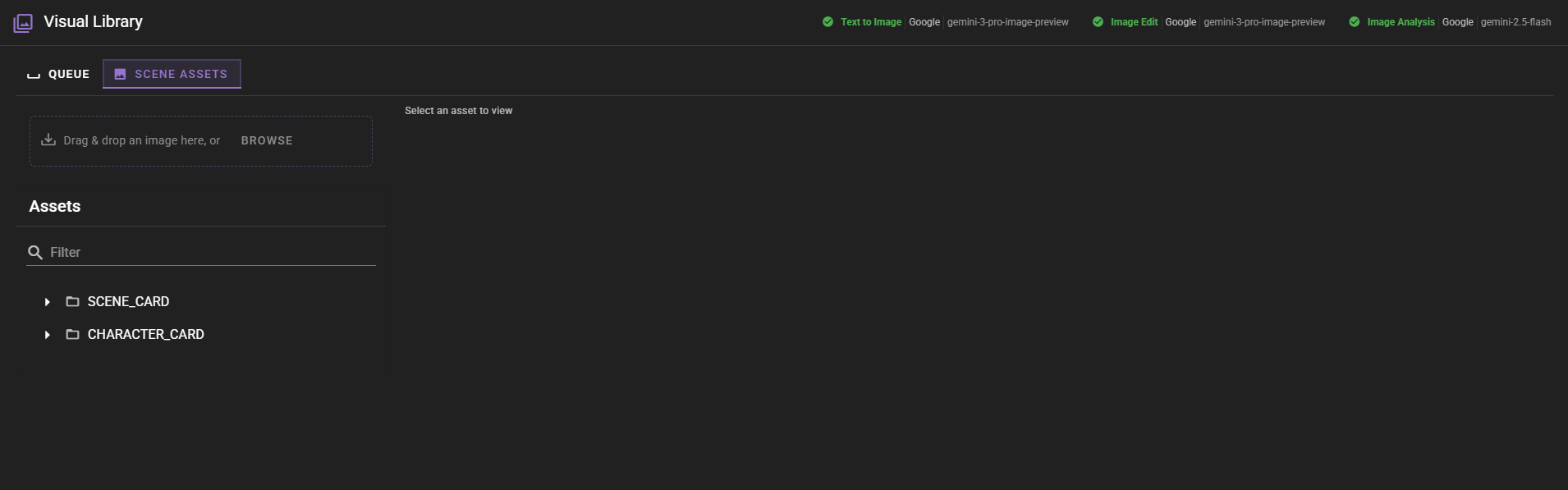 A dark-mode screenshot of the "Visual Library" interface with the "Scene Assets" tab selected. The sidebar features a drag-and-drop upload area and a file tree containing "SCENE_CARD" and "CHARACTER_CARD" folders, while the main viewing pane is empty with the text "Select an asset to view."