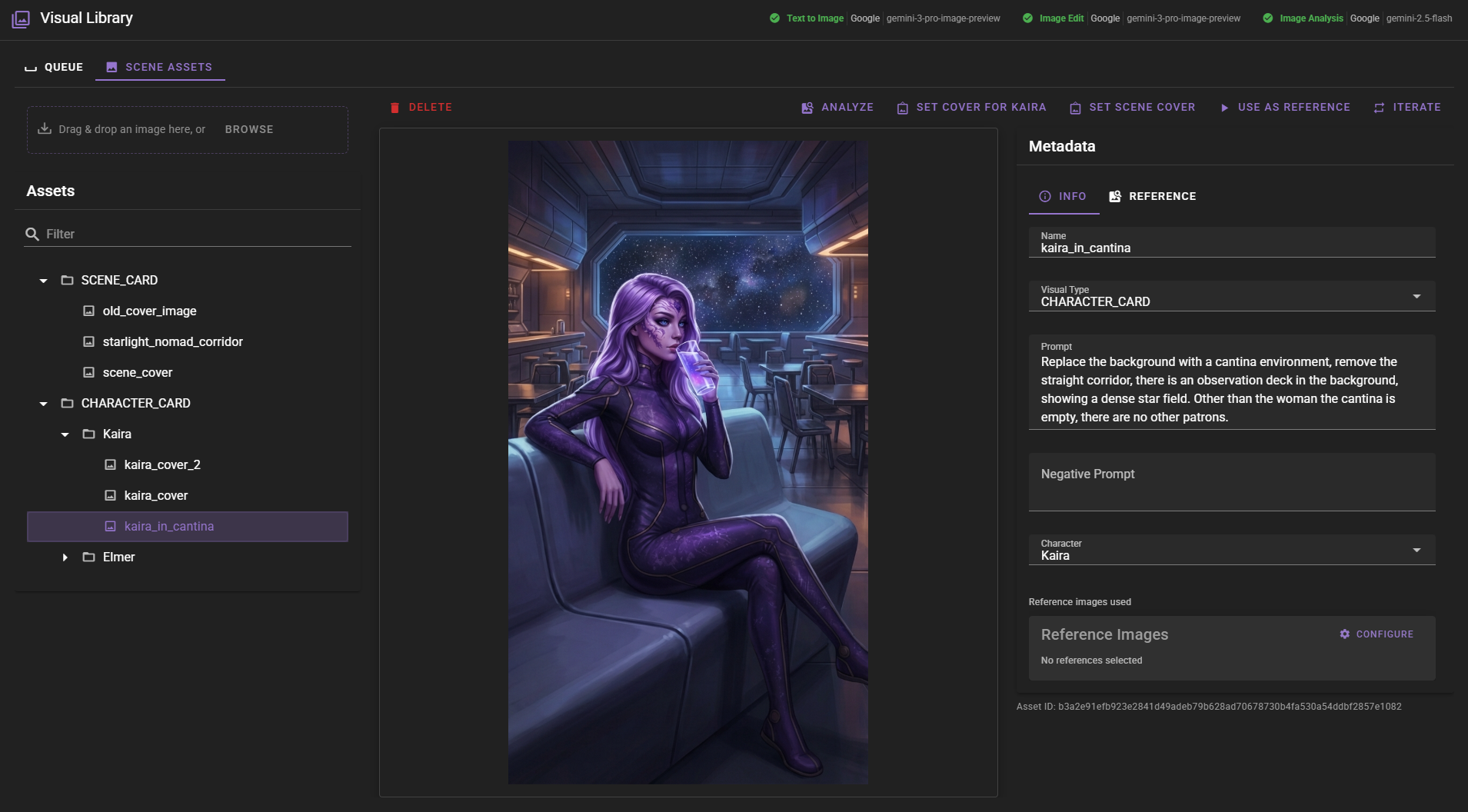 A dark-mode "Visual Library" interface displays the "Scene Assets" tab, where the file "kaira_in_cantina" is selected from the sidebar file tree. The center preview shows the saved illustration of the character Kaira in a futuristic lounge, flanked by a metadata panel on the right containing the prompt details and file properties. Top-level controls provide options to delete, analyze, set covers, or iterate on the selected asset.