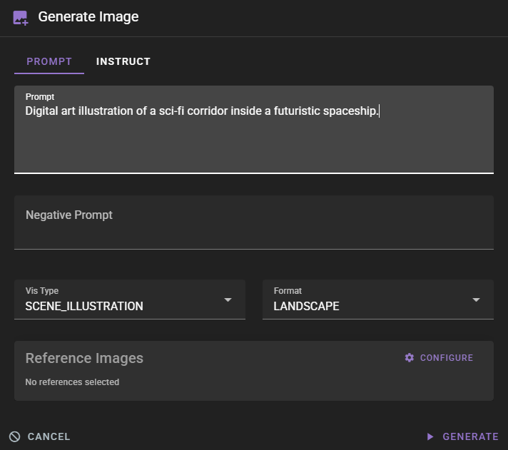 A dark-mode "Generate Image" interface displays a text prompt: "Digital art illustration of a sci-fi corridor inside a futuristic spaceship." The "Vis Type" is set to "SCENE_ILLUSTRATION" and the "Format" is "LANDSCAPE." The "Negative Prompt" field is empty, and "Reference Images" indicates "No references selected." "Cancel" and "Generate" buttons appear at the bottom.