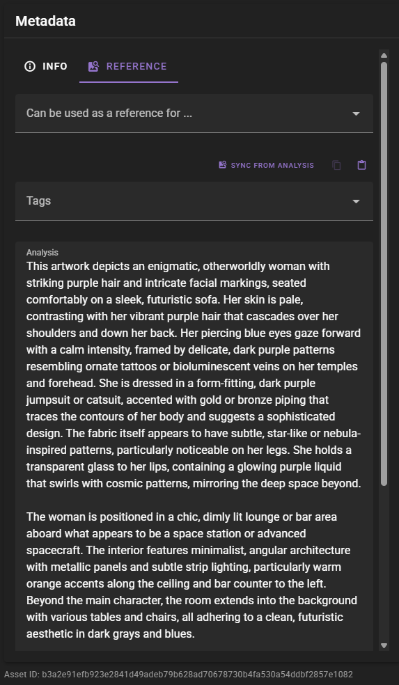 A dark-mode "Metadata" panel with the "Reference" tab active features dropdown menus and a large, scrollable "Analysis" text box. The analysis field contains a detailed description of the generated image, characterizing the subject as an "enigmatic, otherworldly woman with striking purple hair" seated in a futuristic space station lounge.
