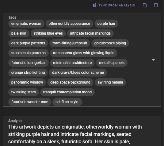A dark-mode metadata interface displaying a "Tags" section populated with descriptive keywords like "enigmatic woman," "purple hair," "futuristic lounge/bar," and "sci-fi art style." The tags are arranged in rows and cover the character's appearance, the environment, and the mood of the scene. A "Sync from Analysis" button is visible at the top, referencing the detailed text description partially shown below.