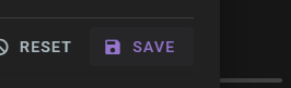 A purple "Save" button featuring a floppy disk icon appears in a dark-mode interface. To its left, a "Reset" button is partially visible, offering options to commit or undo changes.