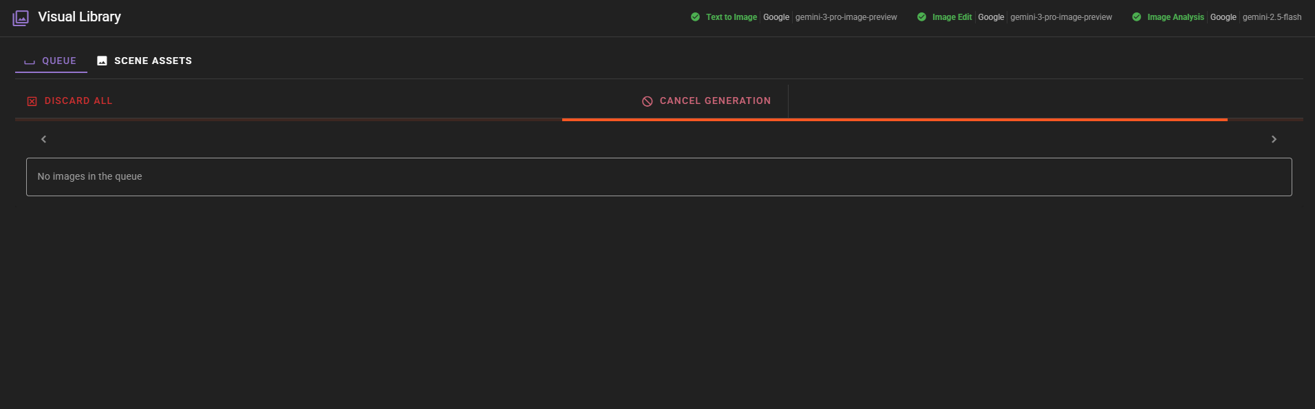A dark-mode screenshot of the "Visual Library" interface showing an active generation process, indicated by a prominent orange progress bar stretching across the screen. The primary action button has changed to "Cancel Generation," while the list area below currently displays "No images in the queue" as the process runs.