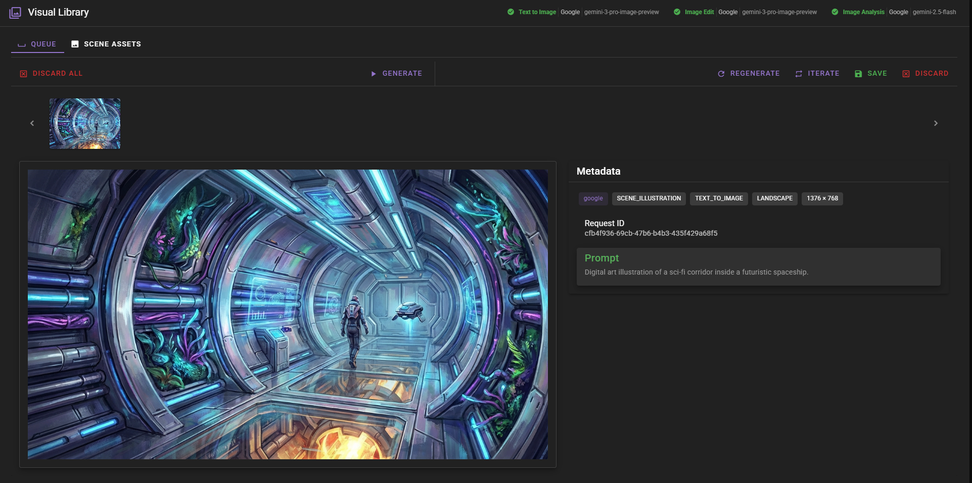 A dark-mode "Visual Library" interface displaying the generated output: a digital art illustration of a sci-fi spaceship corridor filled with neon lights and greenery. To the right, a metadata panel lists details like the resolution (1376 x 768) and the original text prompt, while buttons to "Regenerate," "Iterate," "Save," and "Discard" appear above the image.