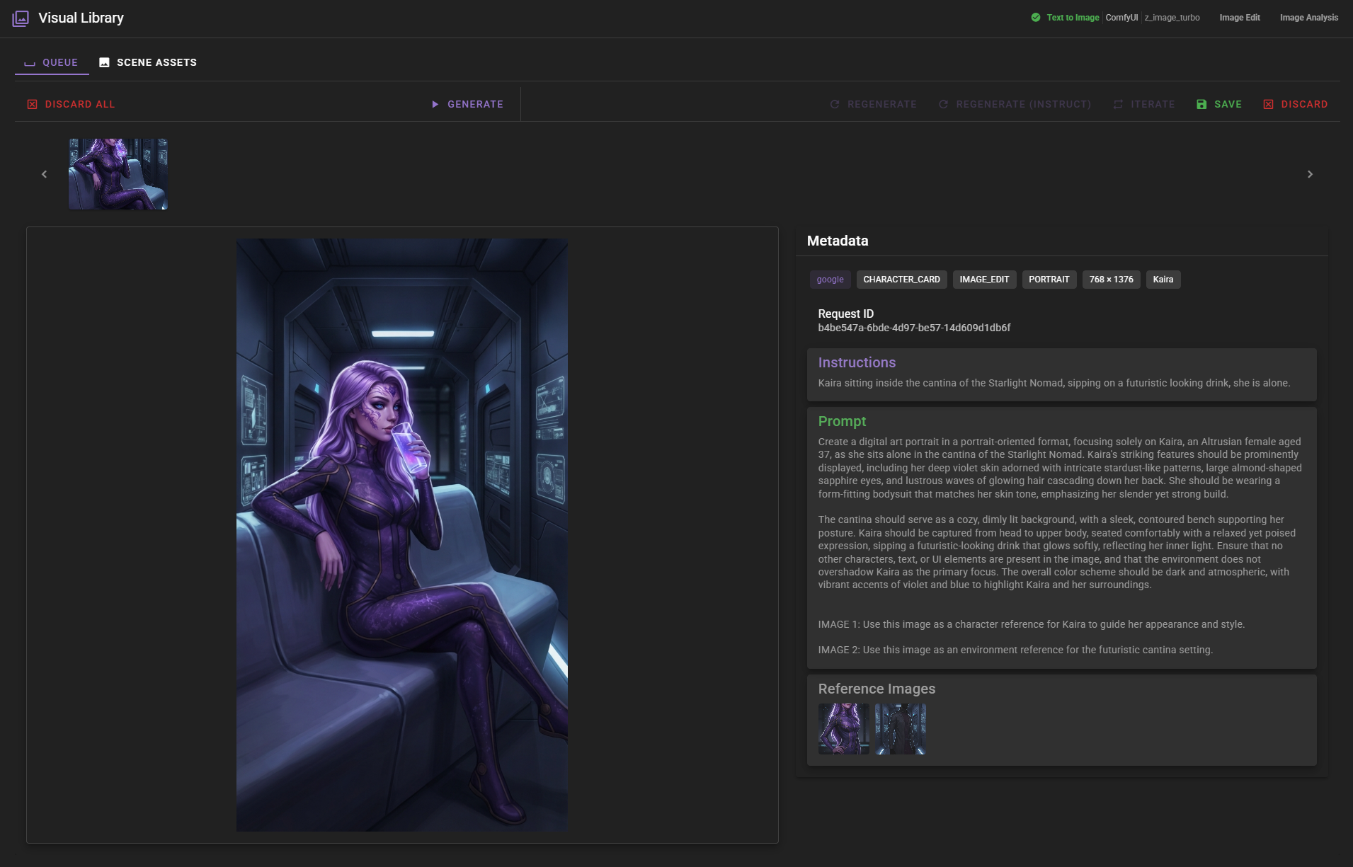 A dark-mode "Visual Library" interface displays a generated digital portrait of "Kaira," a purple-skinned female character sitting on a bench in a futuristic cantina. The right-hand metadata panel details the specific "Instructions" and a lengthy "Prompt" used to create the image, alongside two reference thumbnails used for character and environment guidance. Top-level controls allow the user to regenerate, iterate, save, or discard the result.