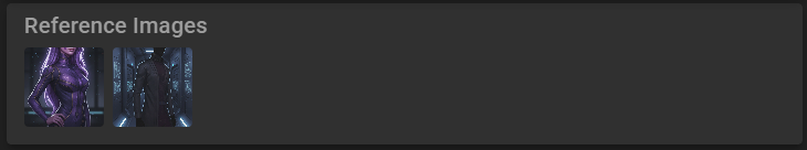 A dark-mode interface panel titled "Reference Images" containing two small thumbnails used to guide generation. The left thumbnail depicts a purple-skinned female character in a bodysuit, while the right thumbnail shows a figure standing in a futuristic, blue-lit corridor.
