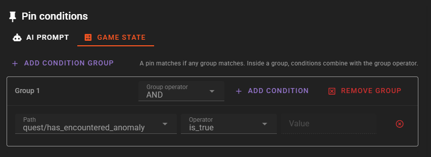 Game State condition editor