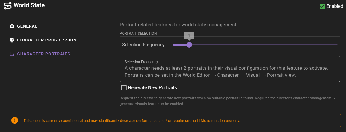 World state agent character portraits settings